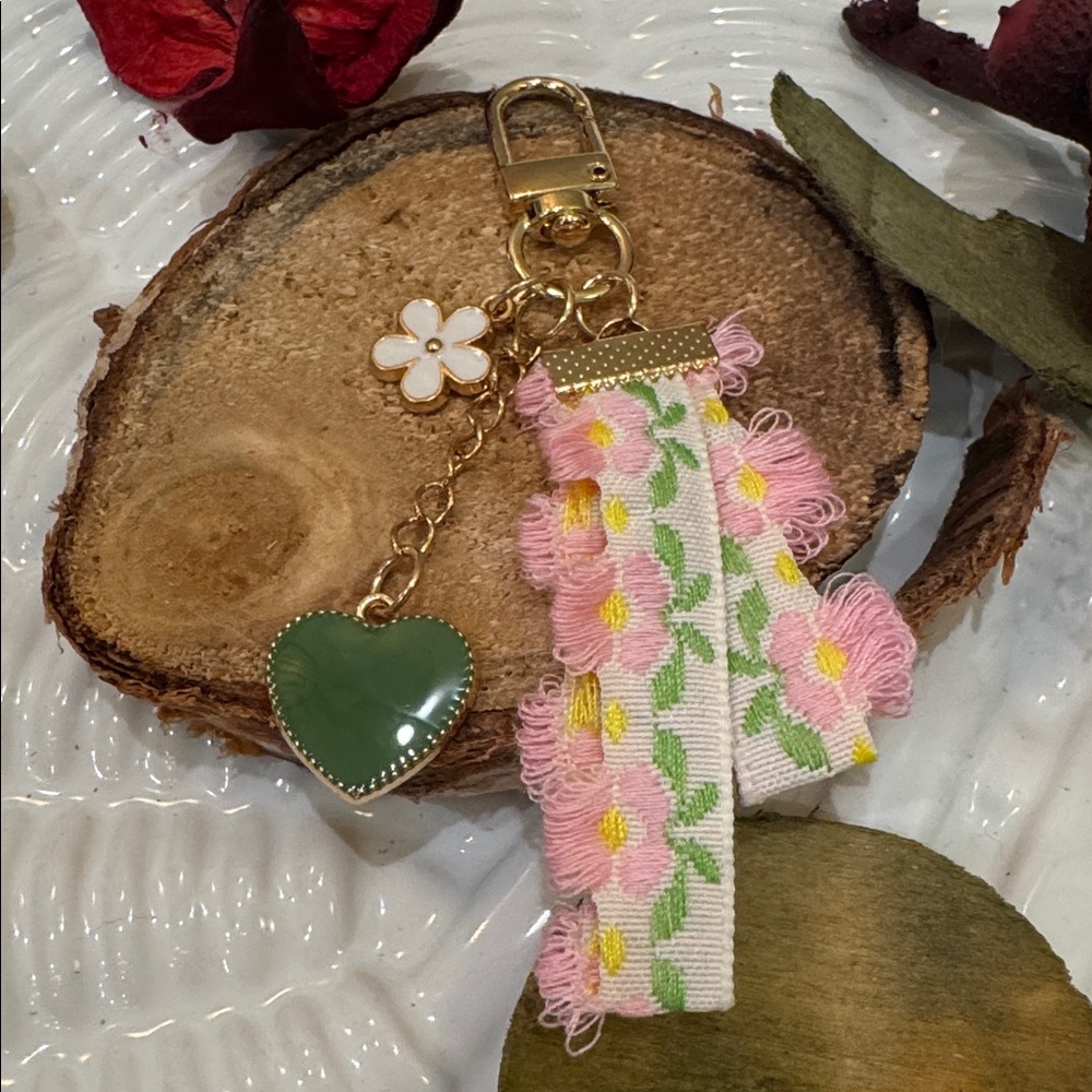 Modern Boho Embroidered Floral Keychain with Heart Charm